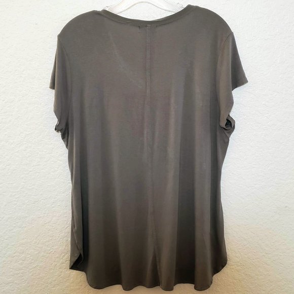 Crosby Olive Green Center Seam Short Sleeve Chiffon Trimmed V-Neck Top - Size L - Picture 4 of 6